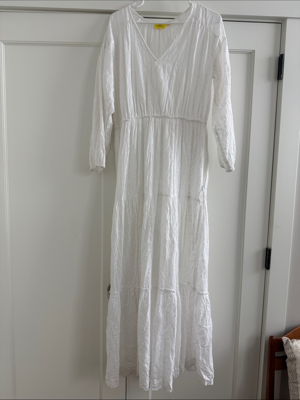 Roller Rabbit White Long Sleeve V-Neck Tiered Maxi Dress
